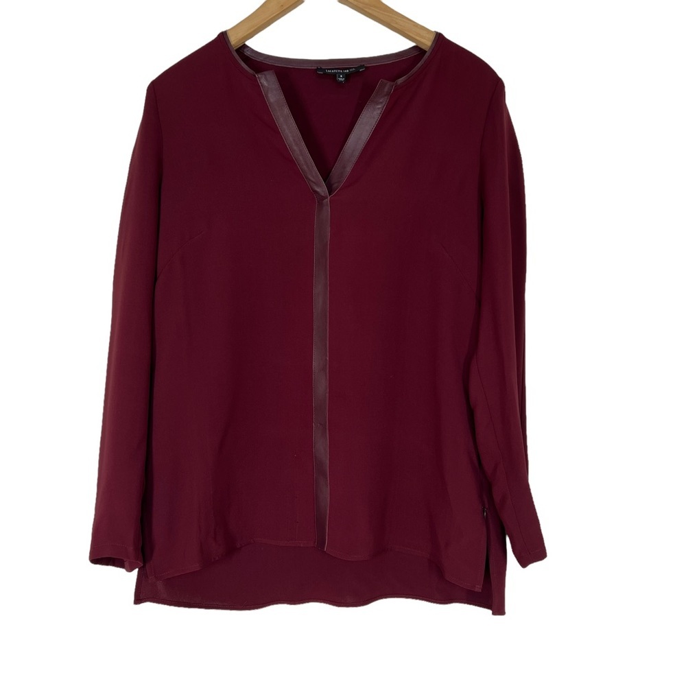 Lafayette 148 New York Maroon Side Zip Blouse Leather Neckline Size 6